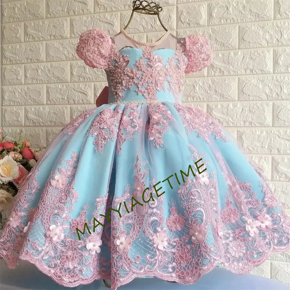 Princess Flower Girl Dresses Luxury O-neck Appliqued Pink Lace with Bow Pearls Beads Birthday Ball Gowns Kids Wedding Dress