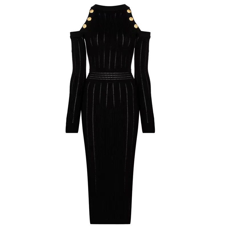 

Elegant Women Newest Sexy Off-Shoulder Black & White Long Knitted Nice Skinny Sheath Dress
