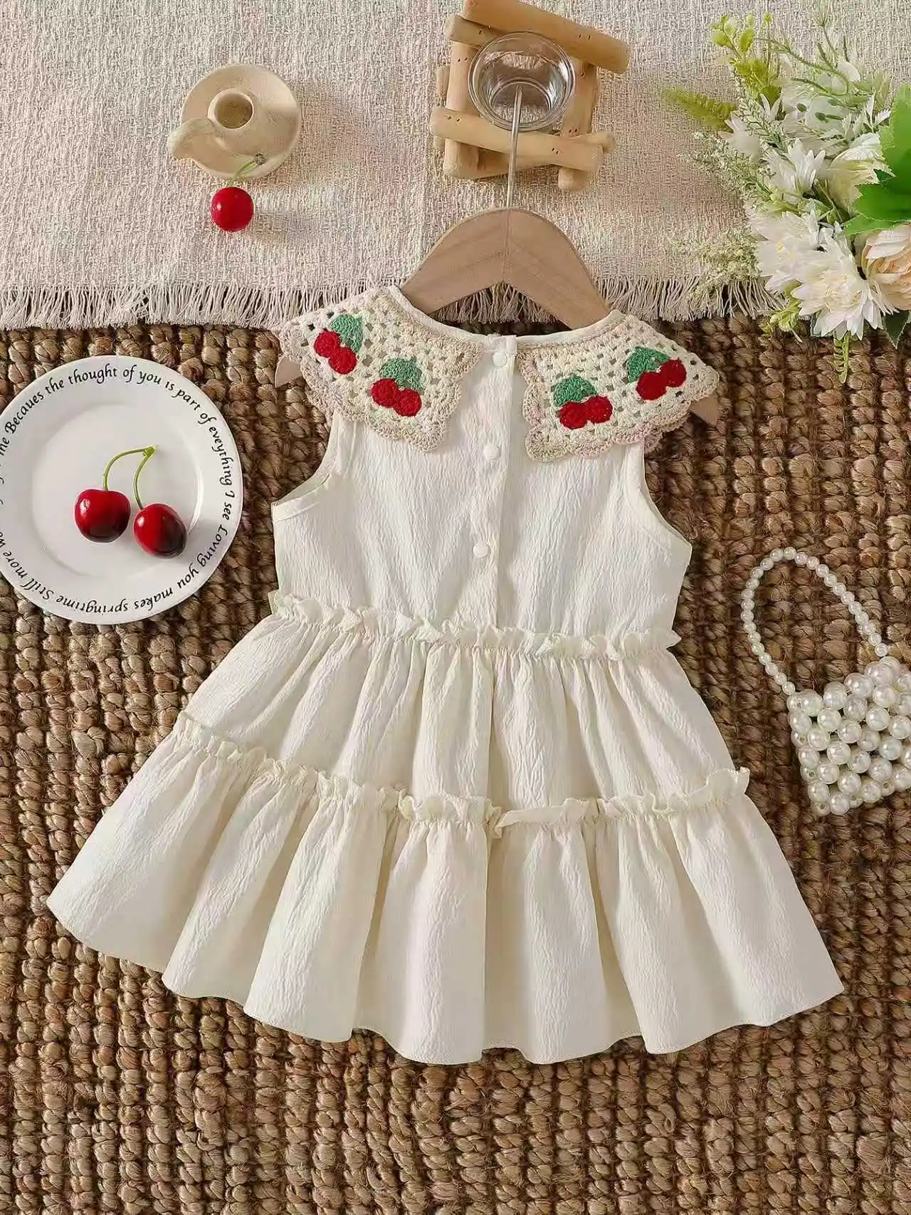 Baby Girl Summer Thin Apricot Sweet Fashion Cute Cherry Embroidery Doll Neck Sleeveless Vest Princess Dress