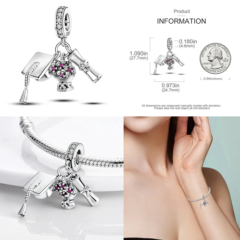 Breloque en forme de cœur pour remise de diplôme, en argent Sterling 925, émail bleu, casquette adaptée au Bracelet Pan, Collection d'étudiants, bijoux cadeau, 2024