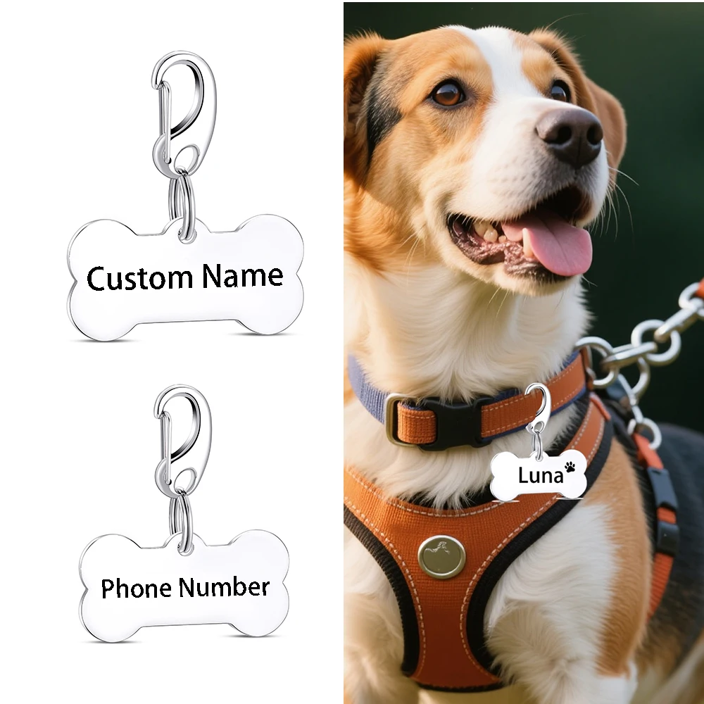 

Stainless Steel Personalized Engraved Dog Cat Tags with Name and Phone Number Bone Shaped Pet Pendant for Pet Identification