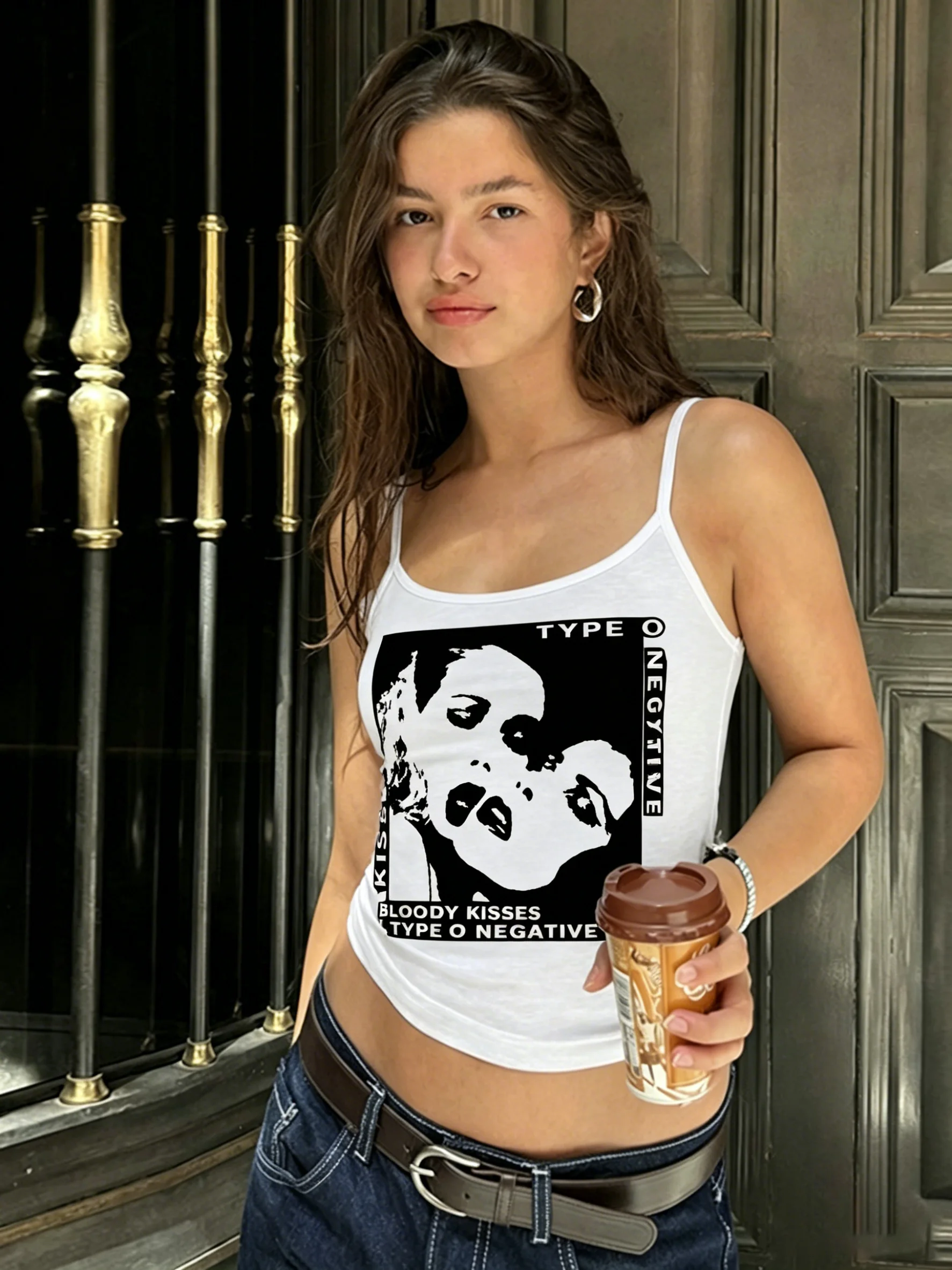 Mode Original Street Style Retro-Stil Damen Gothic Rock Band Print Slim Fit Weiß Y2K Grunge Ästhetisches Ärmelloses Tanktop