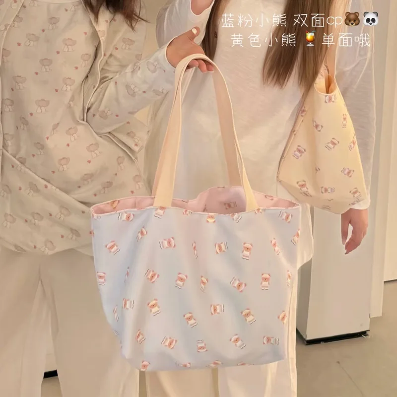 INS style reversible bear print canvas bag, large capacity tote bag, Korean style student class shoulder bag