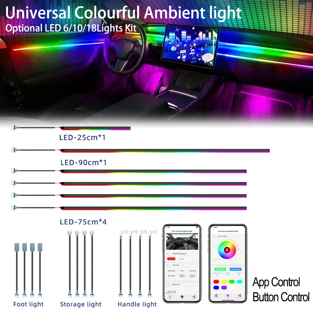 

18/10/6 IN 1 Universal Car Interior LED Ambient Light Kit, APP/Button Control, Hidden Acrylic Strip, RGB Colors, Kit Options