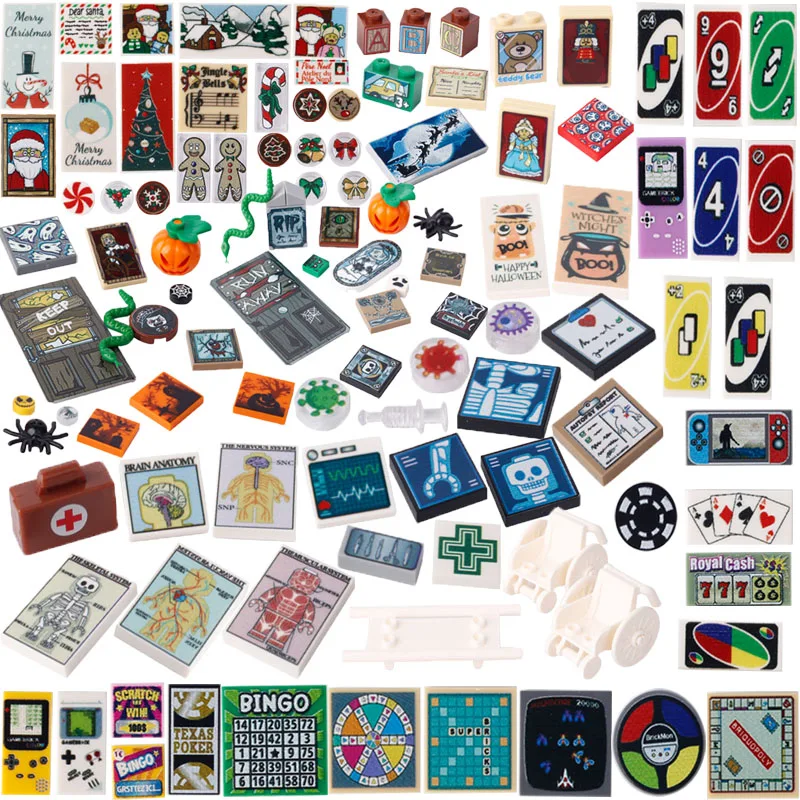 DIY City Tiles Printed Building Blocks Street View Ghost Pumpkin Skeleton Elk Medical Stretcher Bricks Christmas Halloween Toys