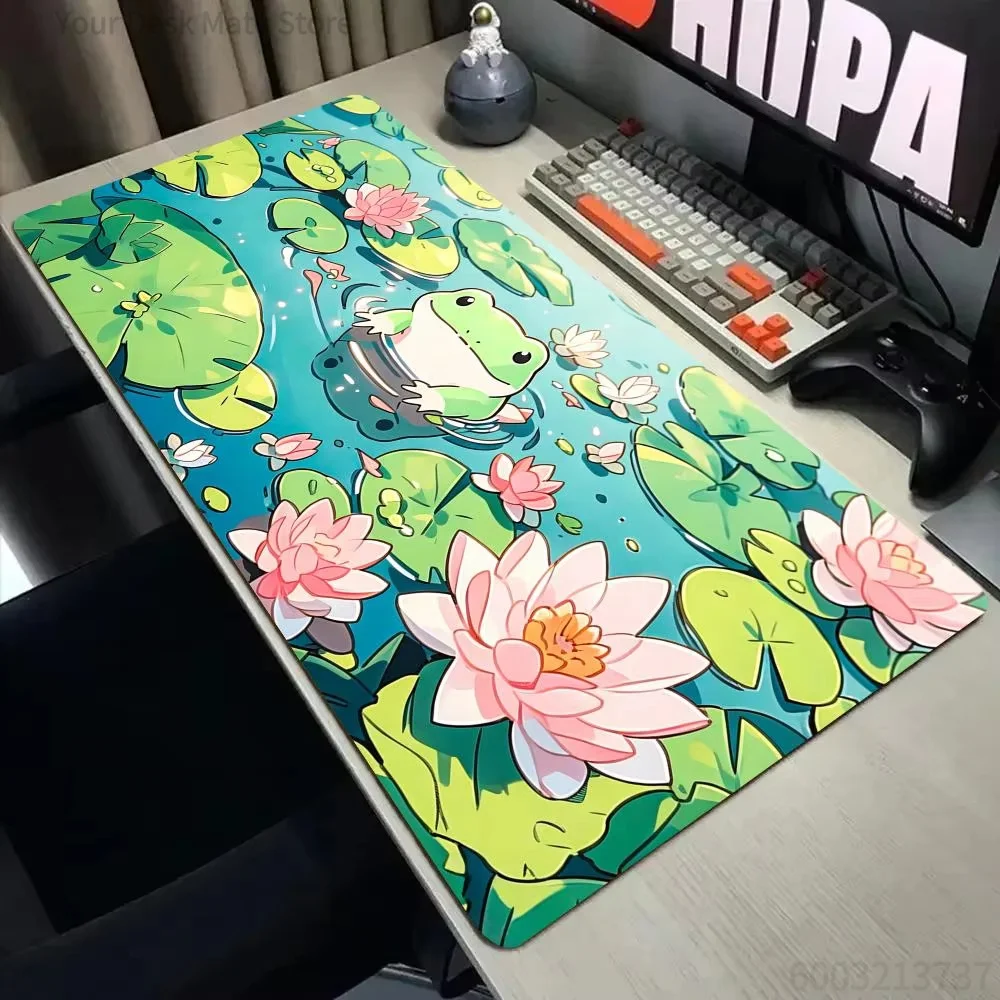 Cute frog and lotus flowers Mouse Pad Desk Mat with Stitched Edge XXL Mousepads Rubber Anti-slip Gaming
