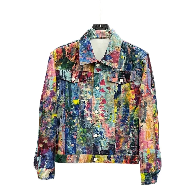 Men's Fashion High Street Graffiti Jeans Jacket Personality Doodle Painted Denim Coat Hand-drawn Outerwear For Male