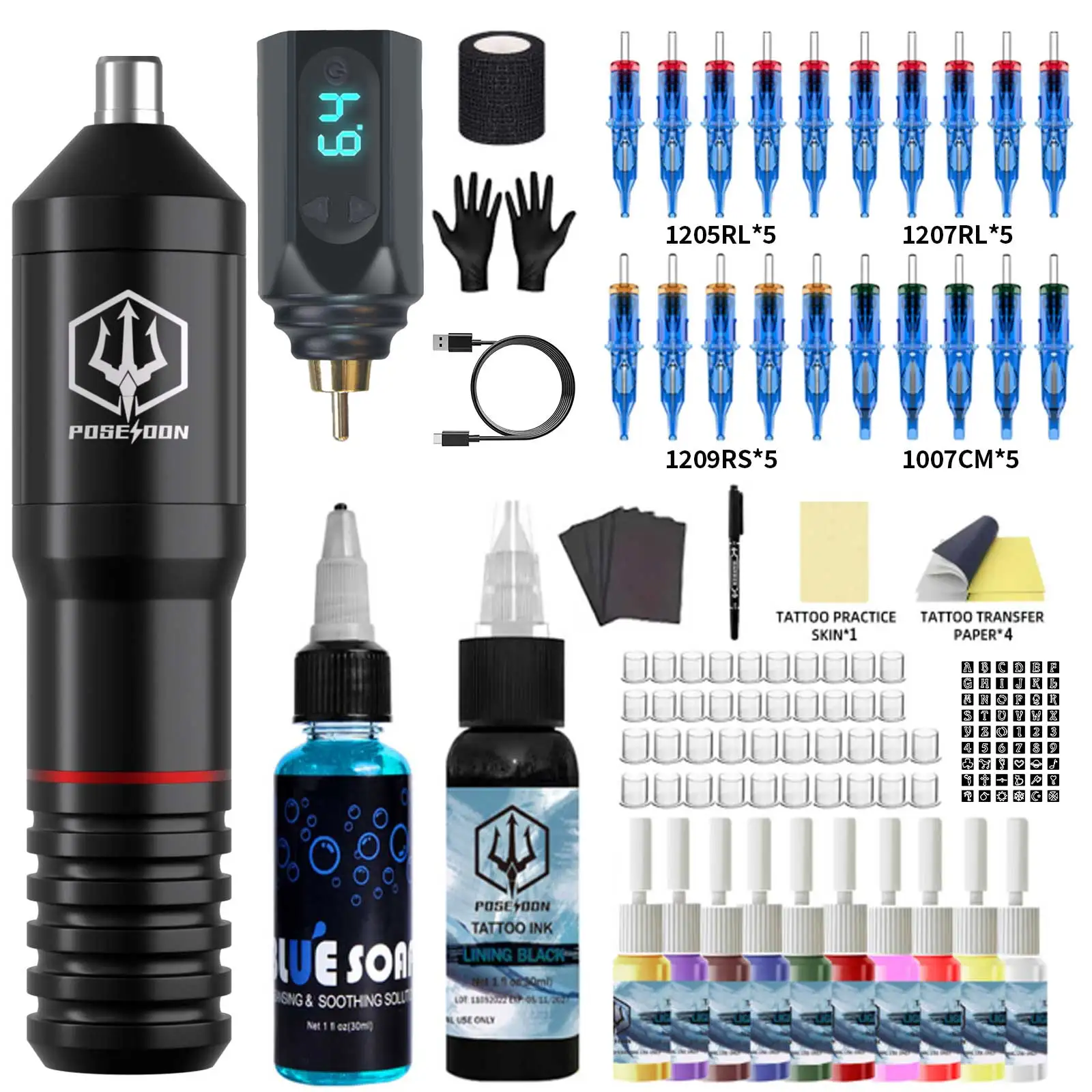 Tattoo Kit POSEIDON High Power Tattoo Pen Kit For Permanent Makeup Tattoo Machine Hot Sale Tattoo Power Supply Tattoo Gun Kit