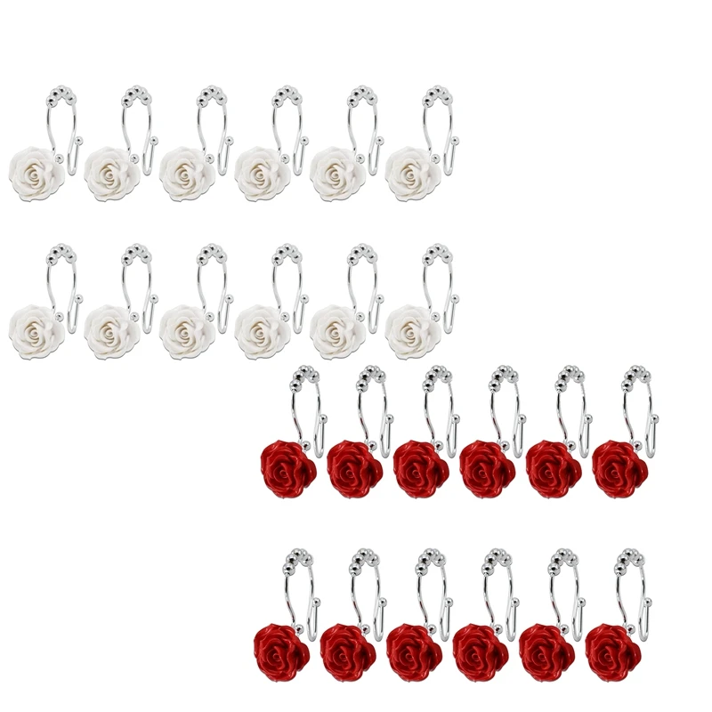 

NEW-12Pcs Shower Curtain Hooks Double Sliding Rings Made Of Stainless Steel, Ring With Rose Resin, Bathroom Shower Rods