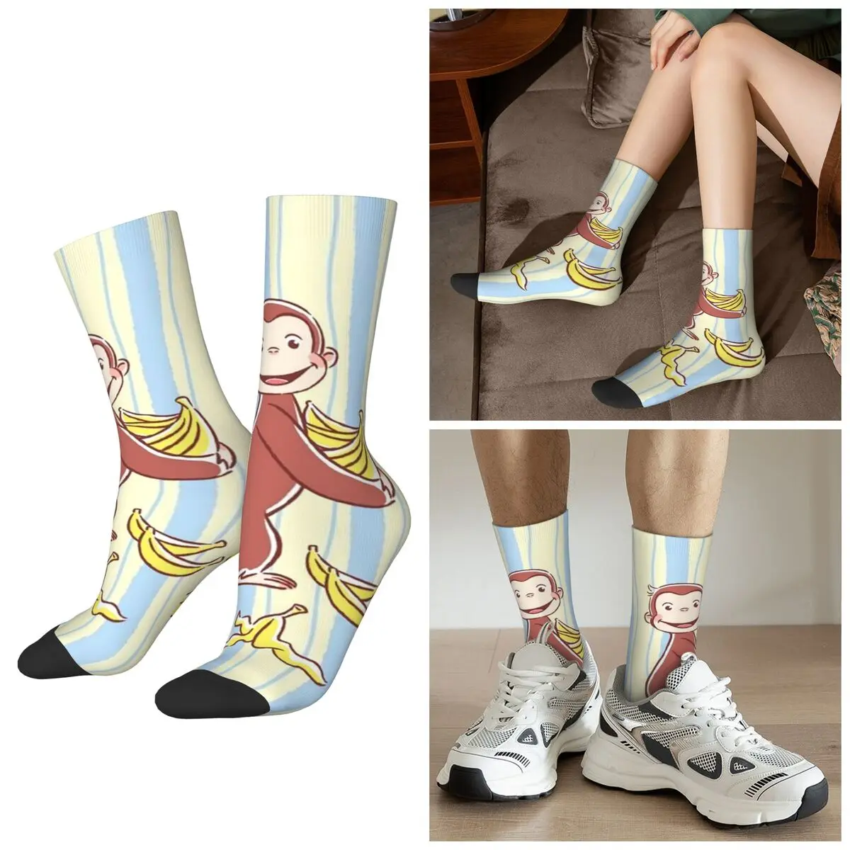 All Seasons Curious George Monkey Cartoon Animation Socks Harajuku Sport Middle Tube Socks Stockings for Men Women Valentine Day