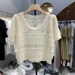 Summer Fashion Korean Version Hollow Out Knit Shirt Women Sexy Chic O-neck Short Sleeve T-shirt Short Casual Loose Top Tees