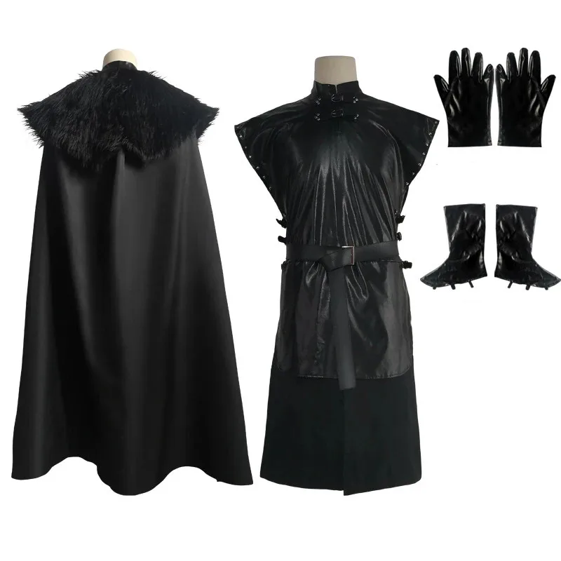 

Medieval Fantasy Jon Cosplay Costume Snow Uniforms Gothic Black Cloak Cape Suit Men Halloween Chirstmas Carnival Party Disfraces