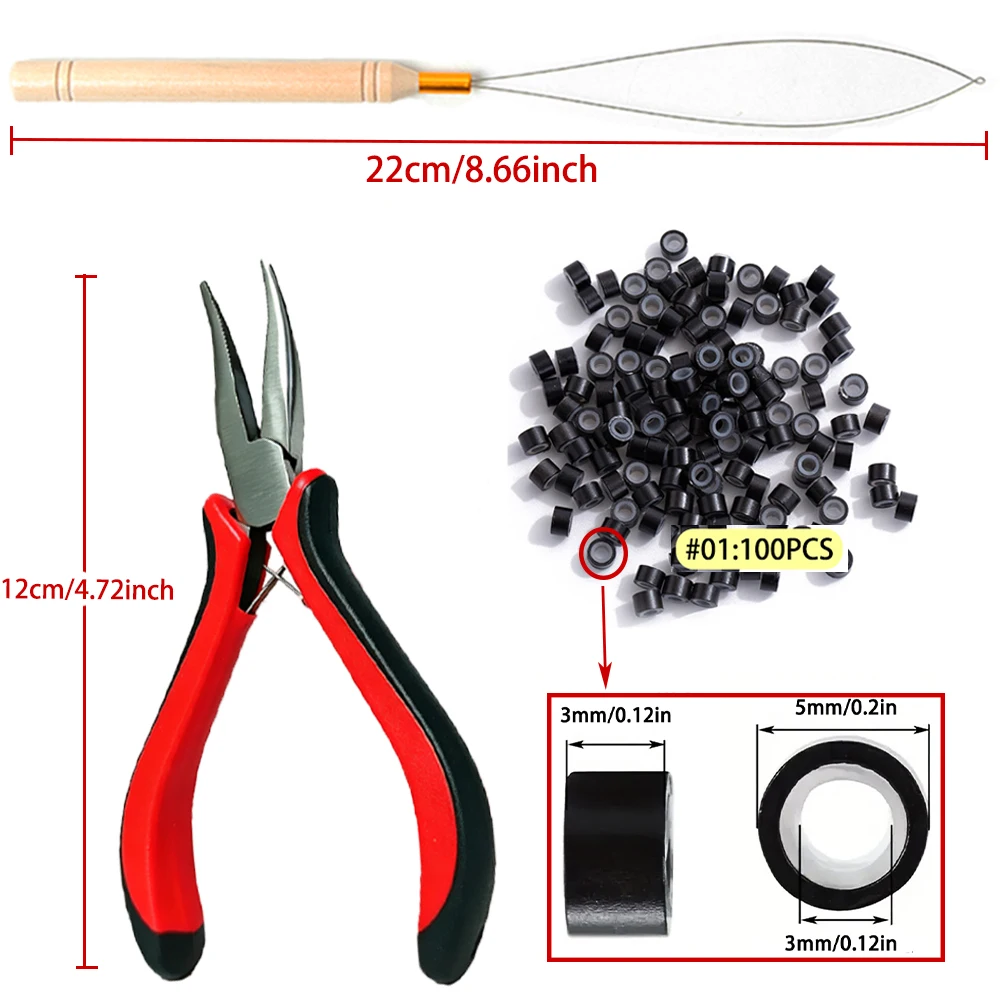 Hair Extensions Beads Tools Kit Extensions Micro Pulling Needle, Loop Threader and 100 Pieces Silicone Lined Micro Rings