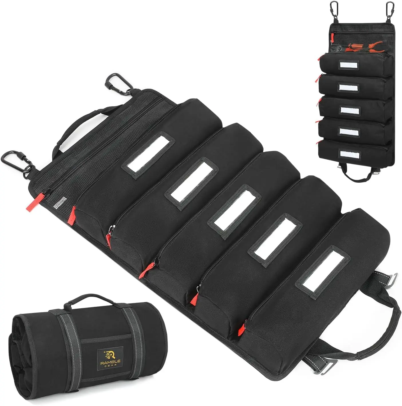 Roll up tool bag organizer with Carabiners - 5 Large Oversized Pockets with Labels - Canvas foldable tool Bag