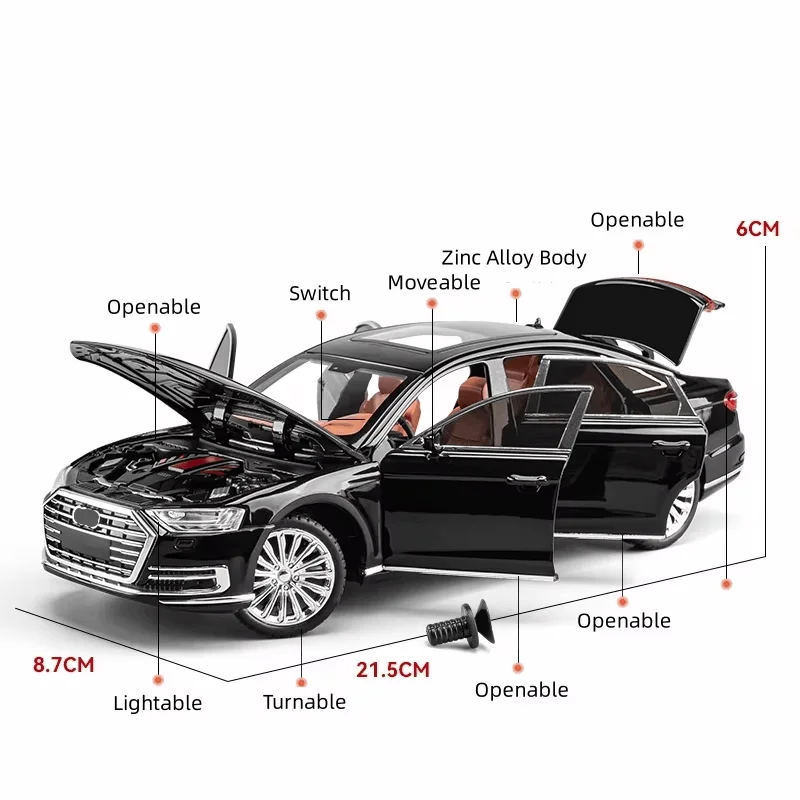 1/24 Audi A8 Diecast Alloy Metal Toy Car Miniature Vehicle Model Pull Back Sound & Light Doors Openable Collection Gift For Boy