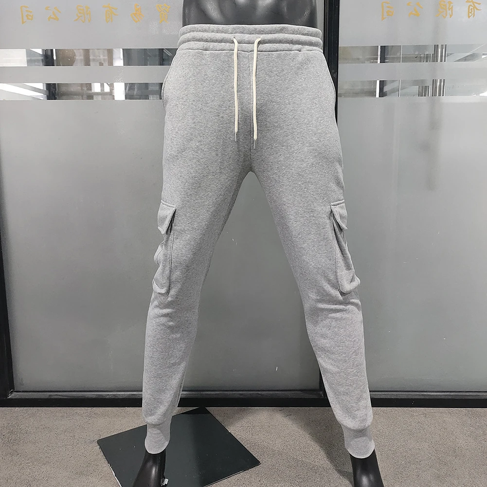 Mens Autumn Winter Plus Velvet Multi-pocket Cargo Pants Straight Fit Sweatpants Straight Fit Sports Sweatpants Fashion