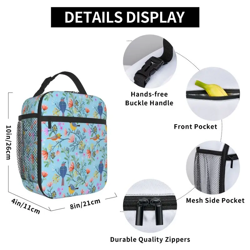 Blumen und Vögel Muster isoliert Thermo beutel Lunch Bag Lebensmittel Getränke Lagerung auslaufs ichere Picknick Camping Taschen Outdoor Box Strand