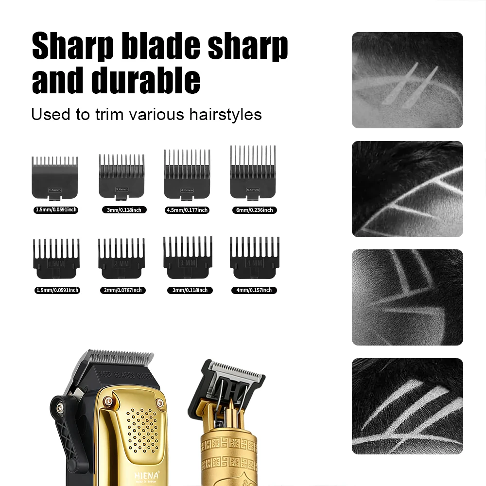 HIENA 2-in-1 Gold Hair Clipper & Dragon Trimmer Kit with 8 Guide Combs, Barber Cape & LCD Display