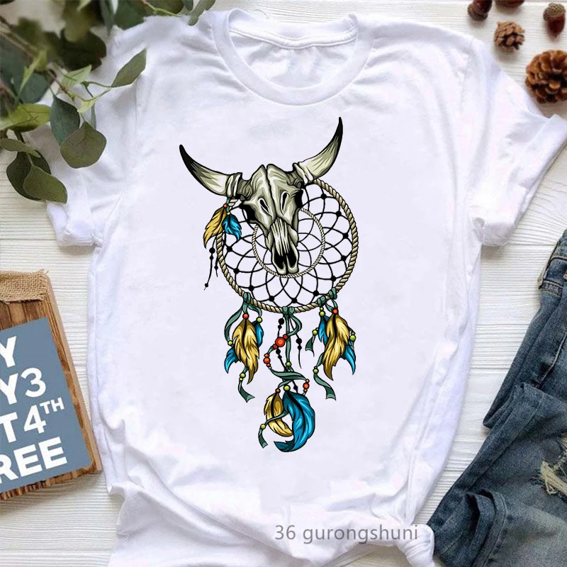 Funny Flowers Cow Skull T-Shirt Dreamer Gypsy Soul Graphic Print T Shirt Women Clothes Female Clothing Short Sleeve T-Shirts Top