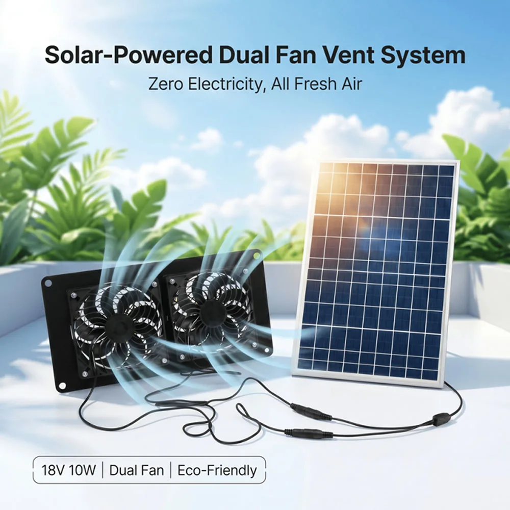 10W 18V Solar Powered Dual Fan Ventilation Kit Exhaust Fan with Independent Control for Greenhouse Pet House RV Boat Window Cooling, Zero Electricity Solar Air Circulation System with Mounting Hardware & Splitter Cable, Eco-Friendly Outdoor Ventilator