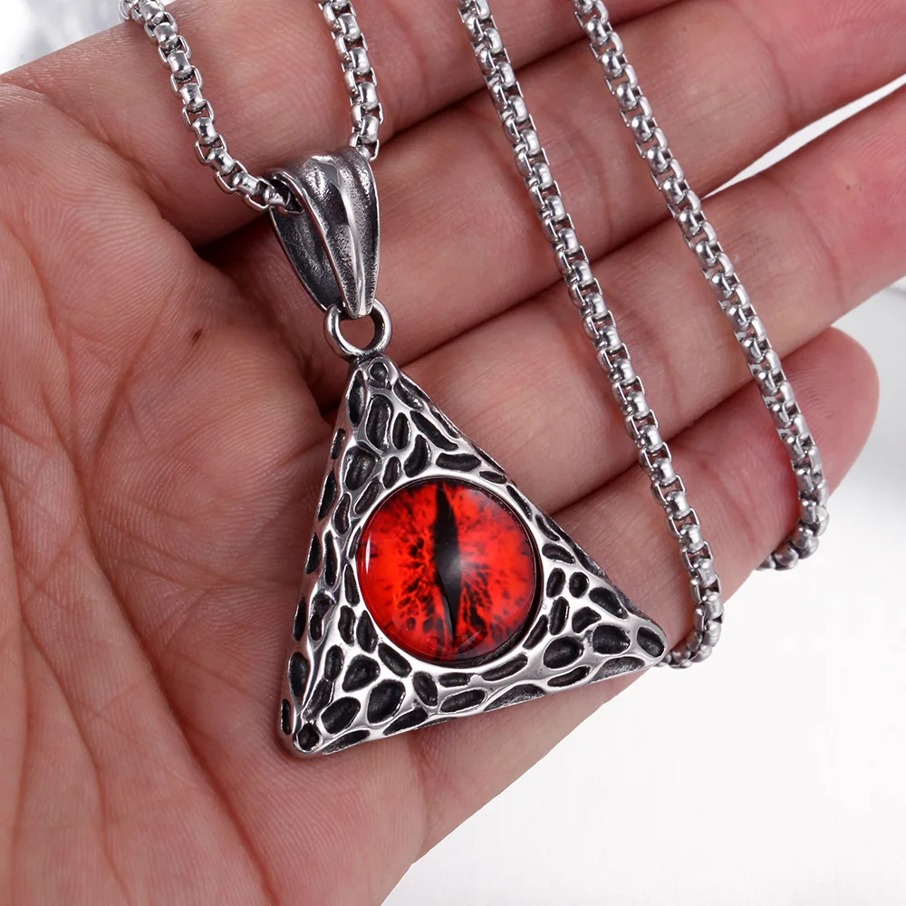 Gothic Red Devil Eye Triangle Pendant Necklace for Men Punk Biker Rock Exorcism Amulet Jewelry