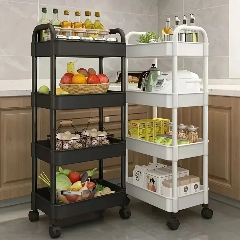 1pc 3/4-Tier Storage Rack with Wheels Space Saving Stackable Plastic Organizer for Bedroom Kitchen Multi Functional Utility Cart