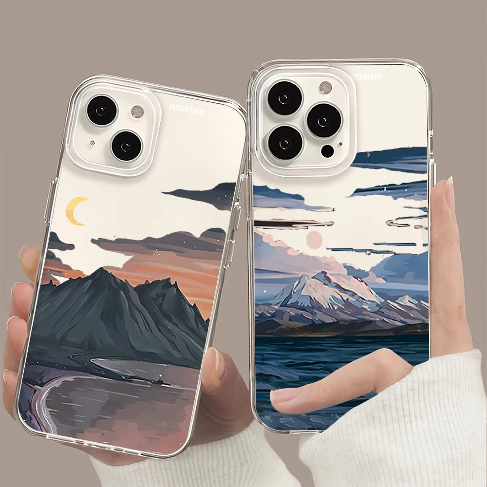 Art Anime Hand Painted Landscape Illustration Phone Case For iPhone 11 13 16 15 14 12 Pro Max Plus Clear Transparent Soft Shell