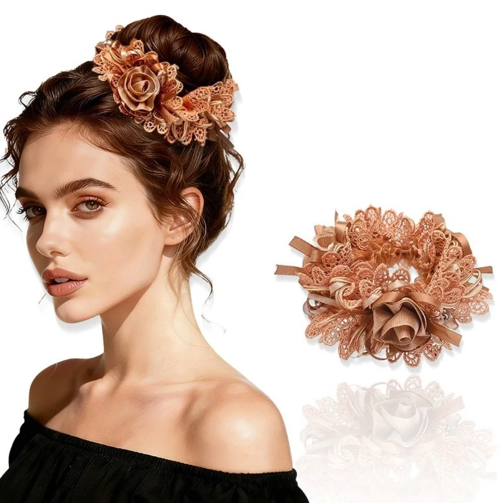Beads Sweet Lace Hair Tie Polyester Fabric Bow Flower Embroidered Hair Scrunchies Lightweight Hair Rope Hair Accessory Girl