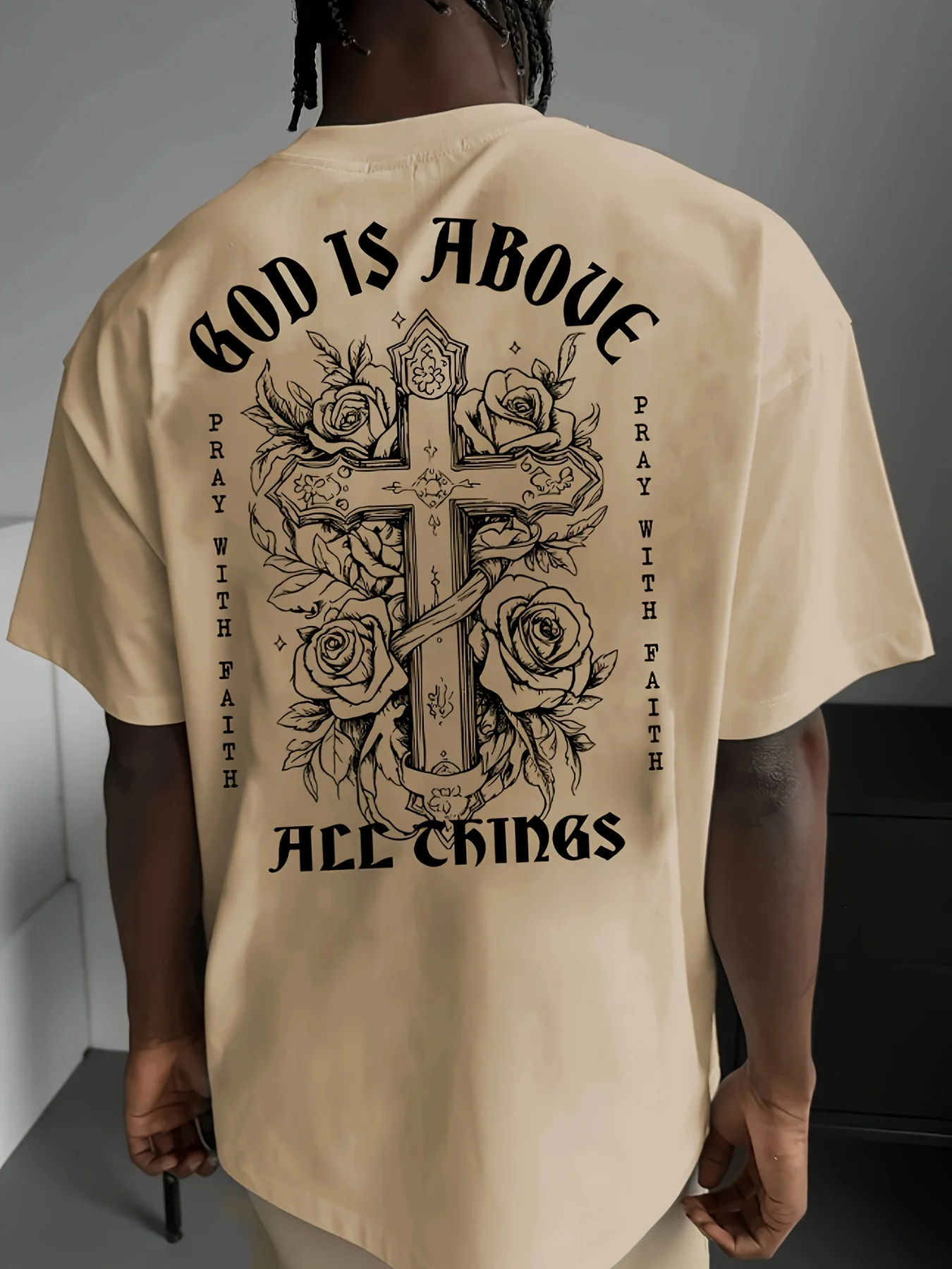 Gothic Style Cross and Rose Printed 100% Cotton Men's T-shirt Casual Short-sleeved Loose and Breathable Top Suitable for Summer