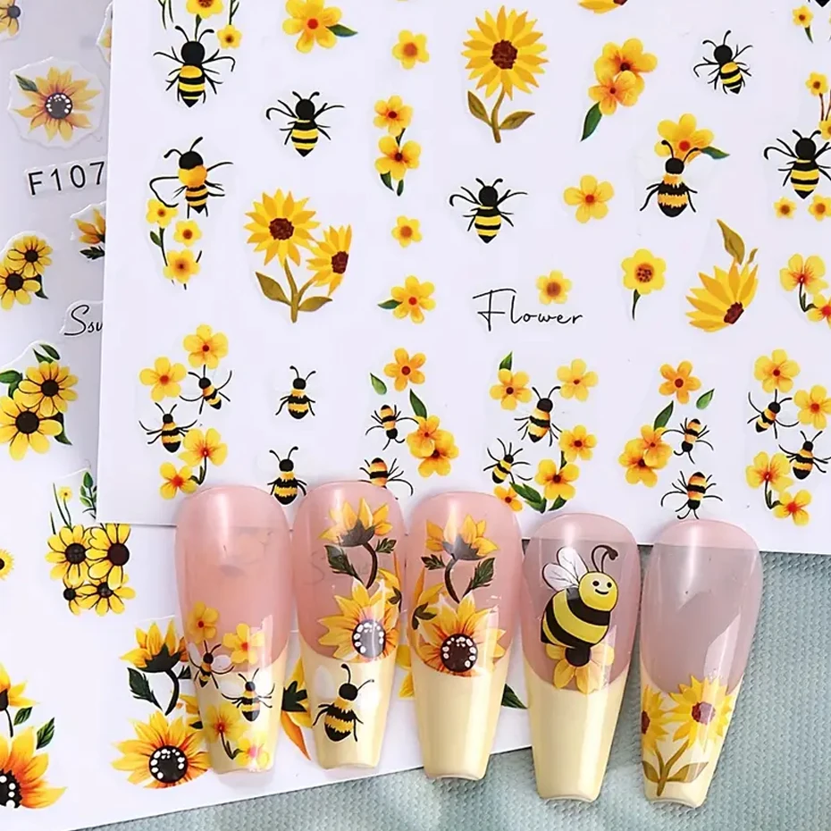 2pcs Sunflower Nail Art Sticker Yellow Flowers Bee Adhesive Decal French Stripe Line Star Manicure Slider