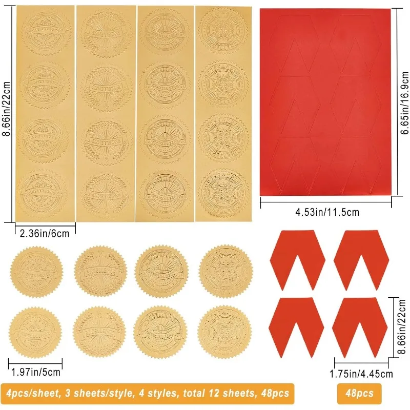 48pcs Gold Diploma Seal with 48pcs Red Ribbon Decoration Sticker Self Adhesive Labels for Envelopes Certificates Graduation