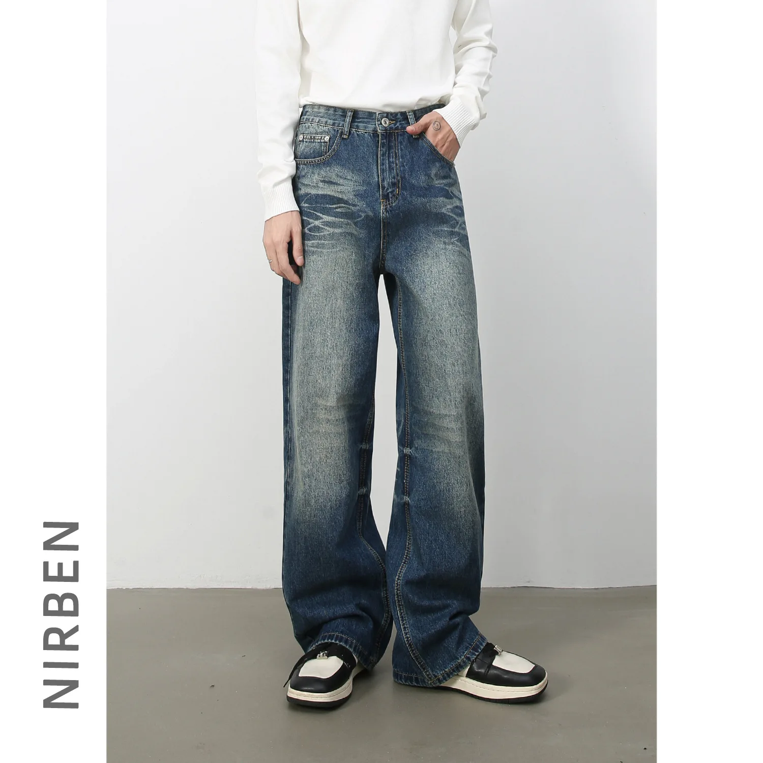 Denim American Retro Washed High Street Straight Jeans Men's Versatile Loose Wide-leg Trousers