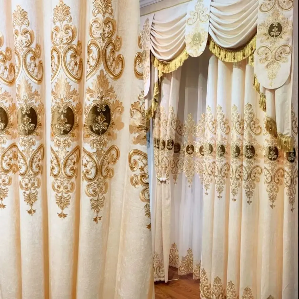 Customiz European Beige Valance Embroidered Chenille Luxury Curtains for Living Room Blackout Bedroom Window Dining White Tulle