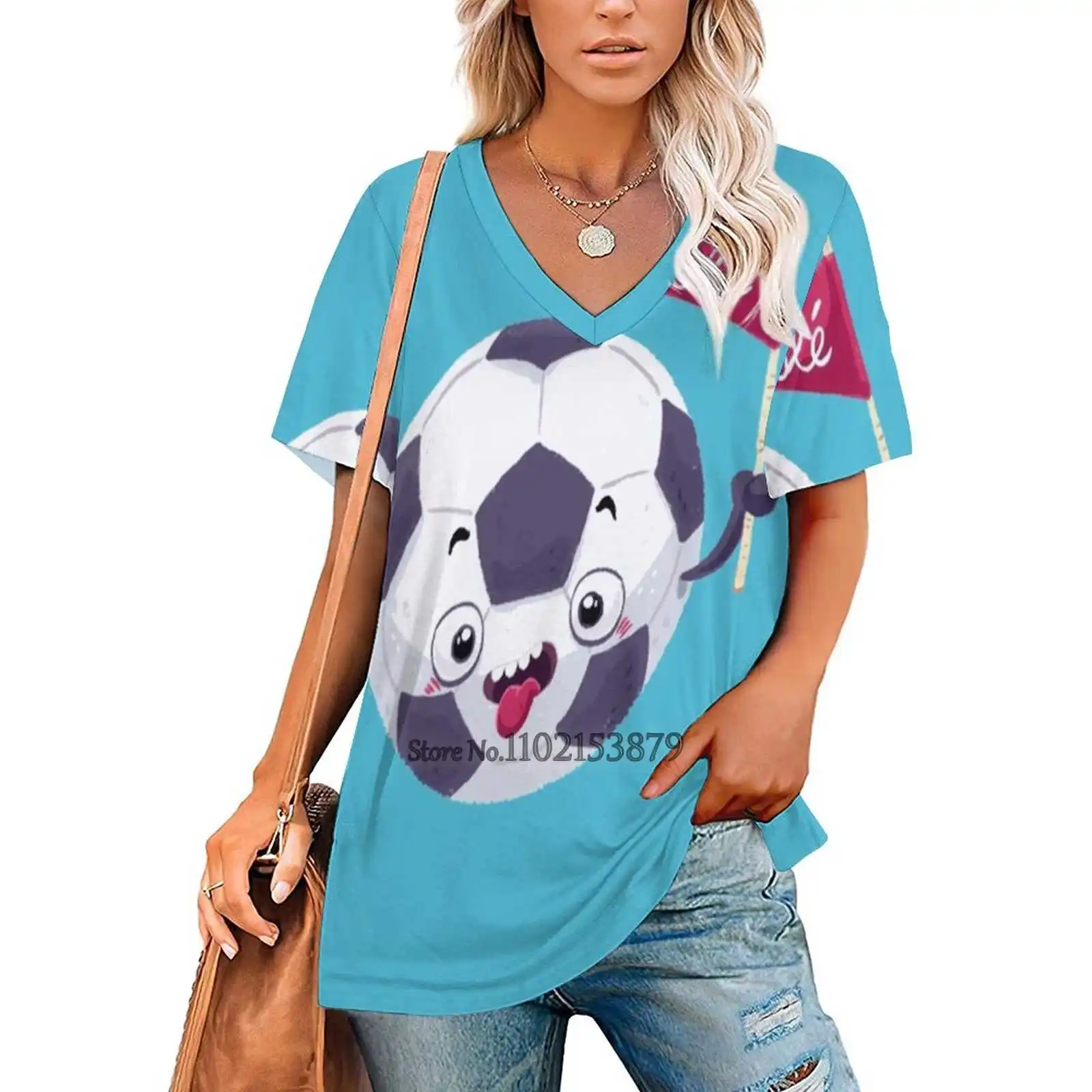 Football Face Women V Neck T-Shirt Casual Sexy T Shirts Hollow Out Zipper Pullover Top Face Soccer Race Banner Fan Character