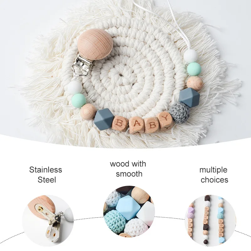 Handmade Free Personalized Name Silicone Wood Pacifier Clips Safe Teething Chain Baby Teether Eco-friendly Dummy Clips Holder
