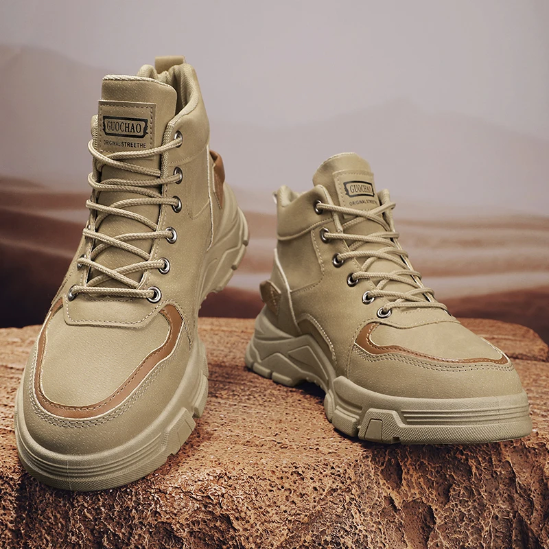Men High Top Chunky Platform Work Boots, Non-slip Wear-resistant Lace Up Combat Shoes For Hiking Camping Street Daily Wear view 6