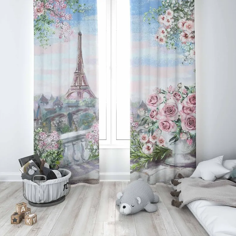 Rose Flowers Curtain Spring Eiffel Tower Bedroom Decor Curtains Black Out Nursery Decor Baby Room Curtain Living Room Curtains