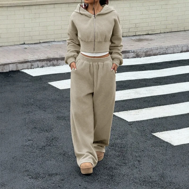 European and American Cross-border New Ollie Velvet Long-sleeved Hooded Zipper Casual Sweater High Waist Wide Pants Fashion Suit