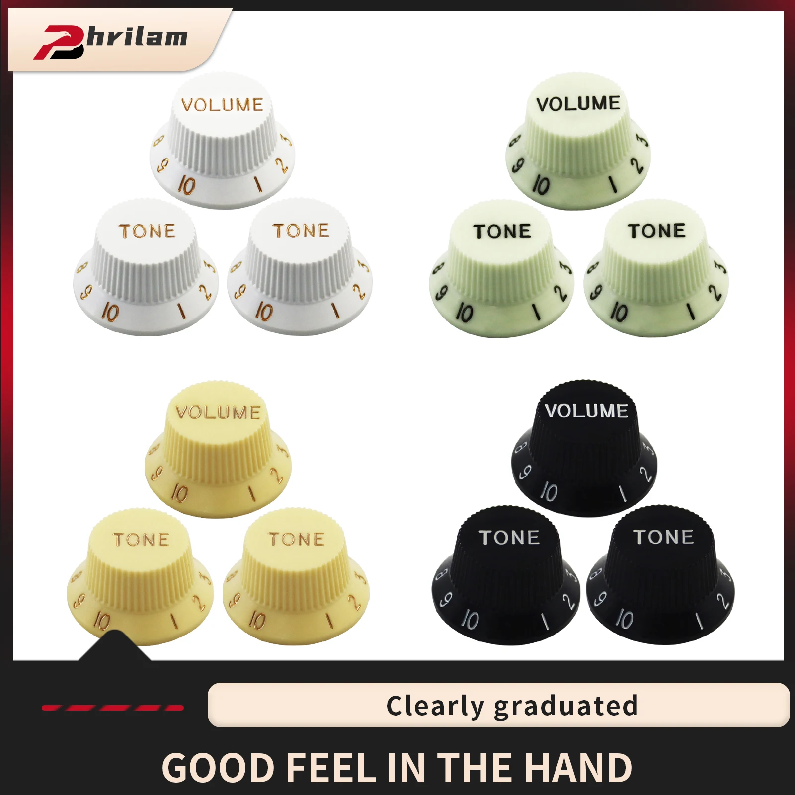 PHRILAM Speed Control Knobs 1 Volume 2 Tone Guitar Knob Set Fit FD Strat Style Elect 24 Splines,