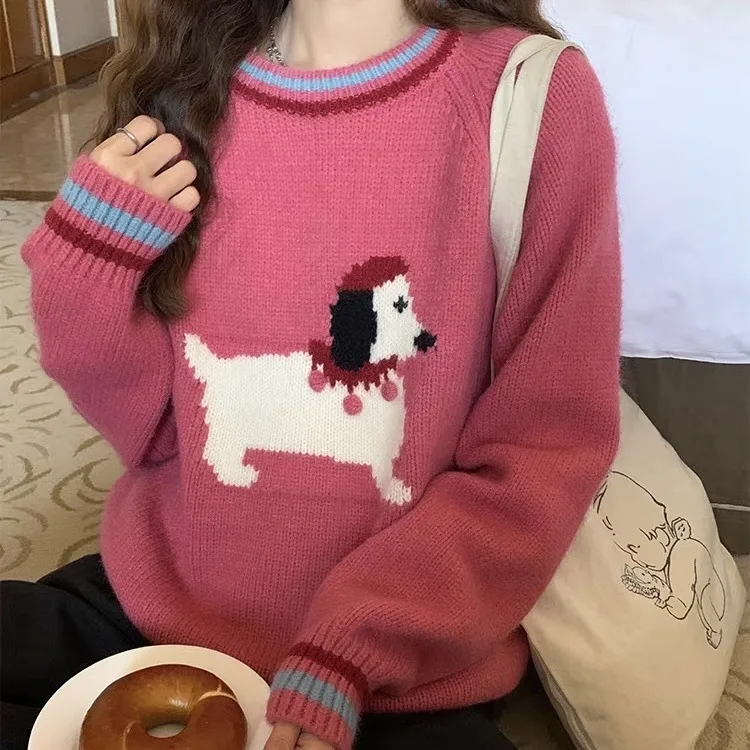 autumn/winter Korean style color-blocking cartoon dog jacquard design knit sweater for women