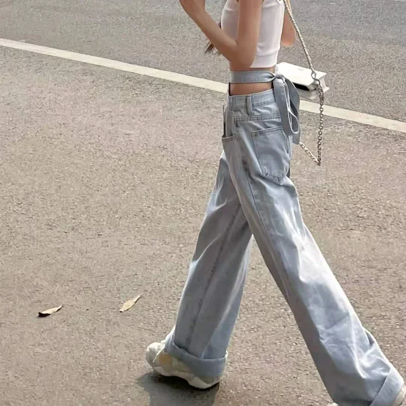 

Jeans Women High Waist Lace Up Loose Wide Leg Trousers Full Length Stylish Boyfriend All-match Spring Design Light Blue Leisure