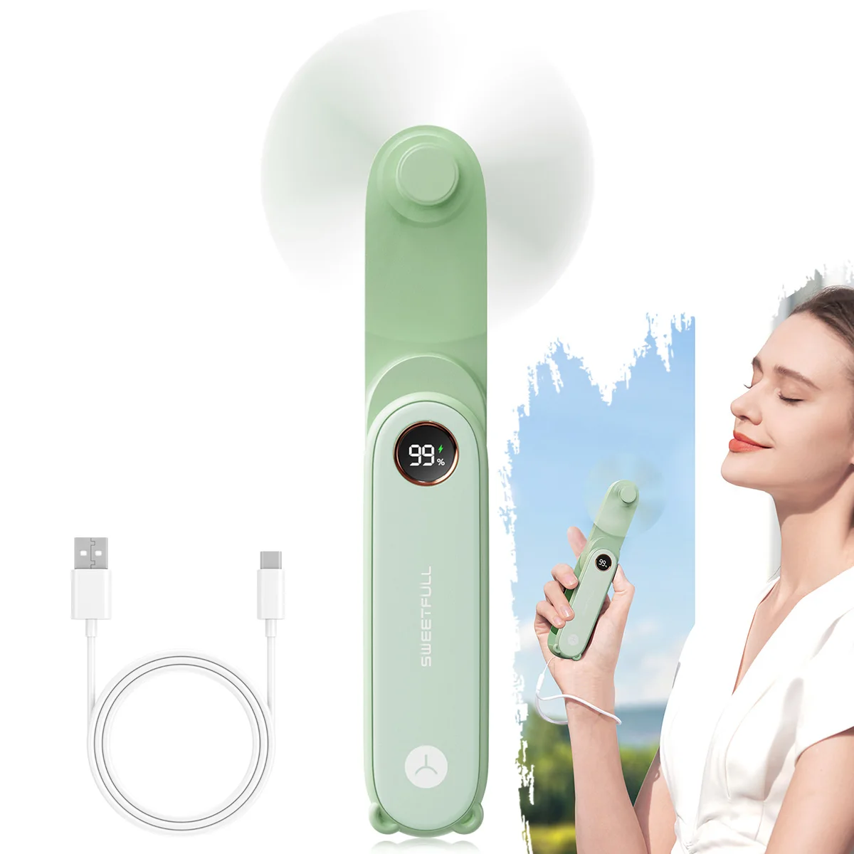 

Зеленый USB перезаряжаемый складной ручной вентилятор со светодиодным дисплеем 1500 мАч, 2-скоростной регулируемый портативный вентилятор для домашней переноски на открытом воздухе