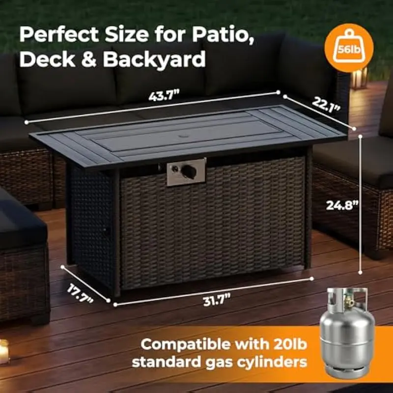 43.7 Inch Rectangular LPG Fire Table with 50000 BTU Output, Removable Top, Weatherproof Cover, Heat-Diffusing Glass Media, CSA A
