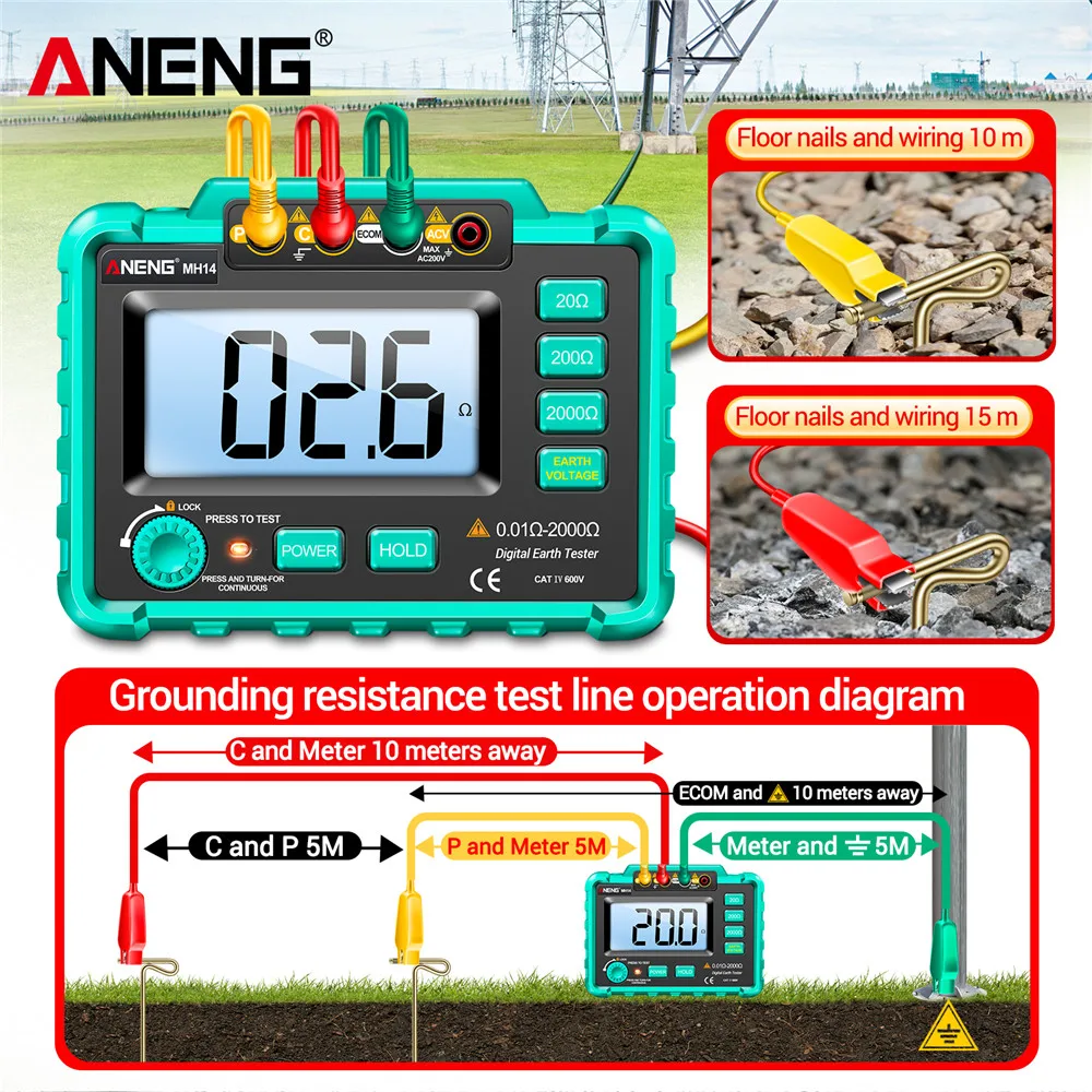 ANENG MH14 Digital Megohmmeter Insulation Resistance Meter Earth Ground Resistance Voltage Tester Voltmeter Meter Tester Tools