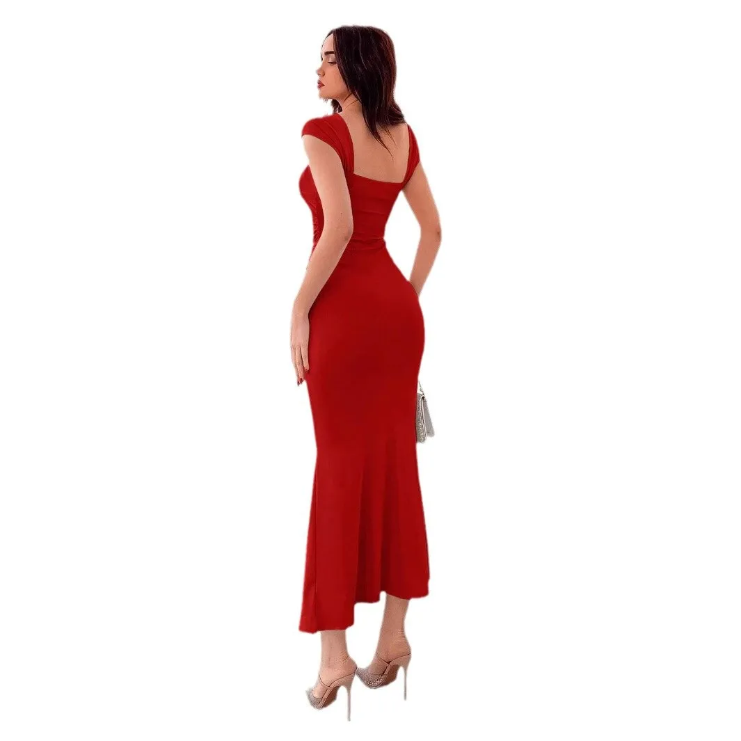 Elegant Women's Party Dresses 2025 Summer Fishtail Dress  Pleated Long Dress Vestidos Mujer Sexys Платье Женское Вечернее