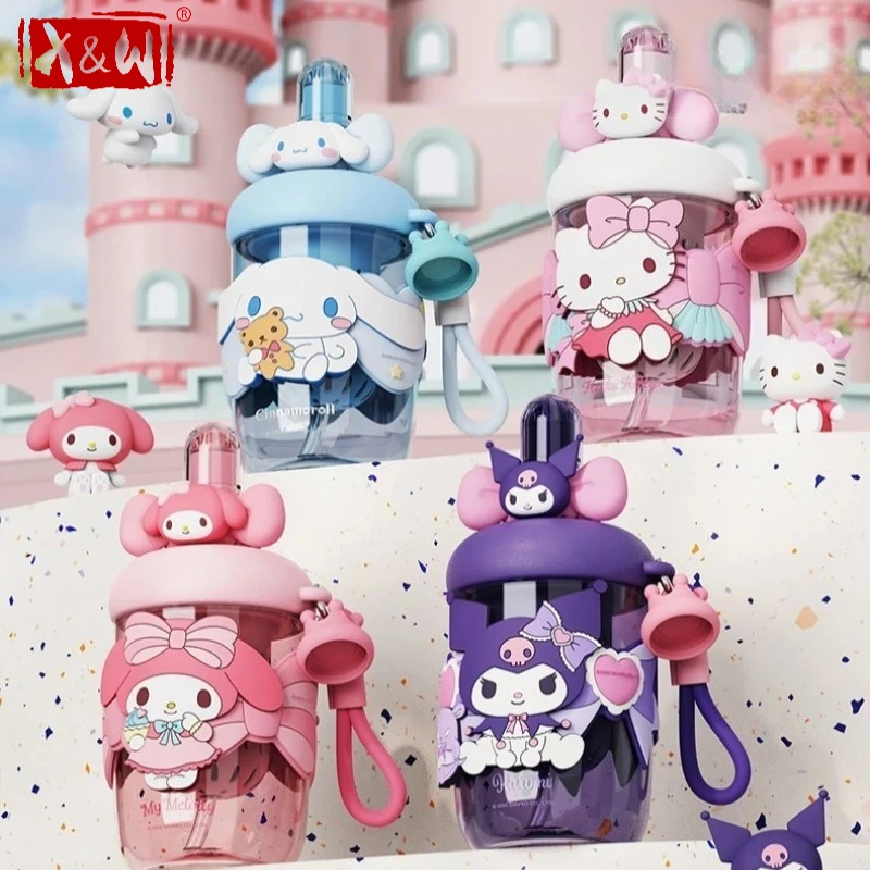 X&W 650ML Sanrio Kuromi Wasserflasche mit Strohhalm und Cartoon-Deckel, tragbar für Zuhause und Büro, aus PP-Material