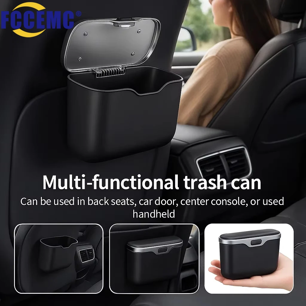 Multifunctional Car Trash Can with Lid Button Portable Hanging Storage Bin Wastebasket Organizer Box Auto Interior Accessories