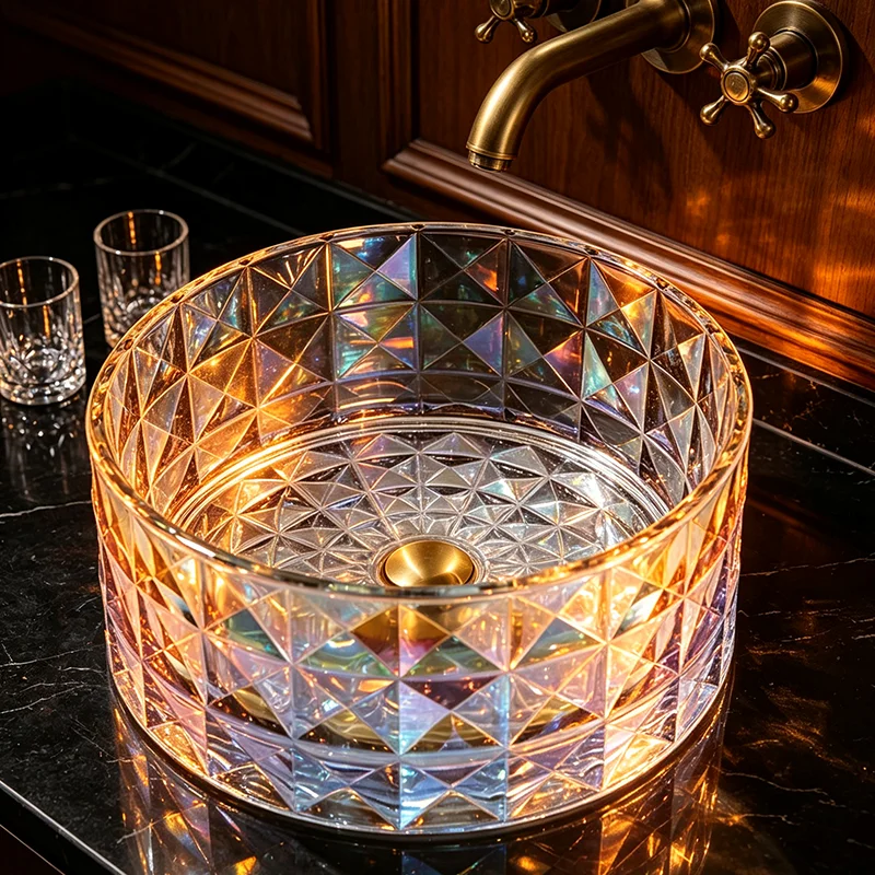 Colorful Glass Countertop Basin, with a Simple and Elegant Round Shape, the Light Passes through the Basin Body, Reflecting Dynamic Light and Shadow, Creating a Rich Atmosphere. the Three-Dimensional Diamond Pattern Design Adds More Layers to the Light and Shadow, Making It an Ideal Choice for Modern Bathroom Fixtures, Suitable for Dressing Rooms, Vanity Tables, and Home Bathroom Sinks, and Can Be Matched with Various Decor Styles (Accessories Not Included)