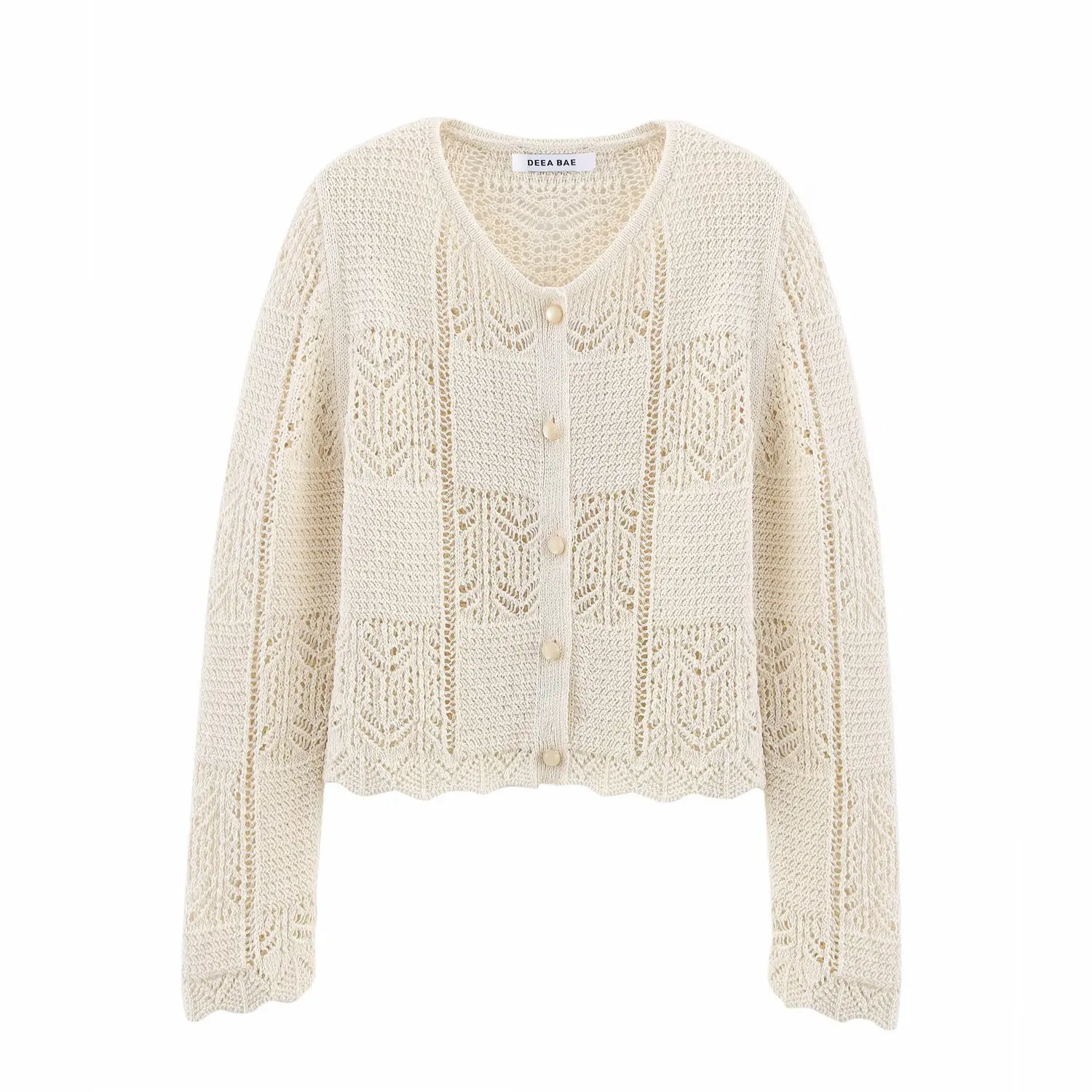

Summer 2025 new collection: Laid-back style jacquard mesh round-neck long-sleeved knitted cardigan