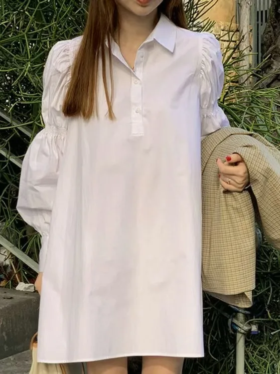 Chic Simple Elegance Turn-down Collar Single Button Loose Casual Lazy Sle Bubble Sve irt Dr Women Summer Faion